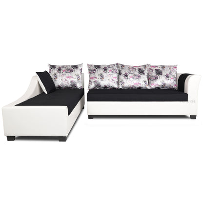 Adorn India Aliana L Shape Leatherette Fabric 6 Seater Sofa Set LHS (Black & White) (3 Year Warranty)