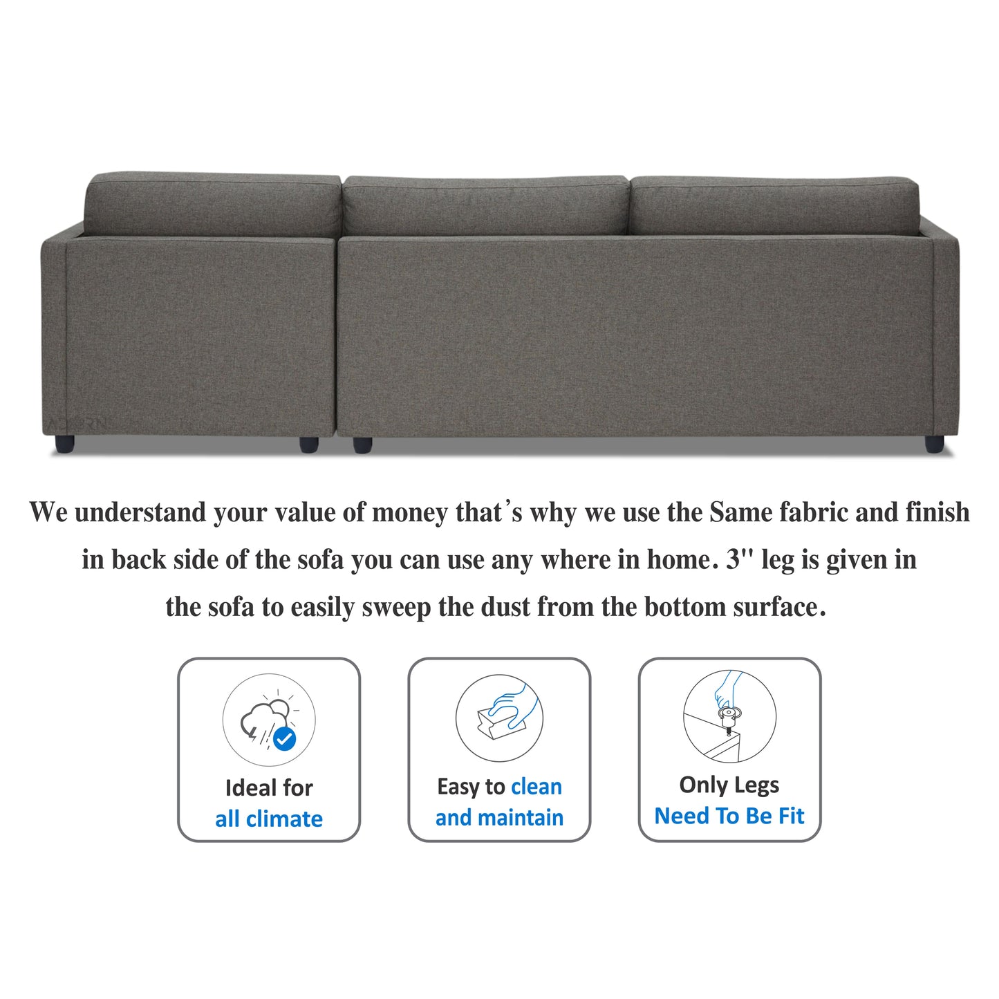 Adorn India Alexander L Shape 7 Seater Sofa Set with Ottoman Puffy RHS (Light Grey) (3 Year Warranty)
