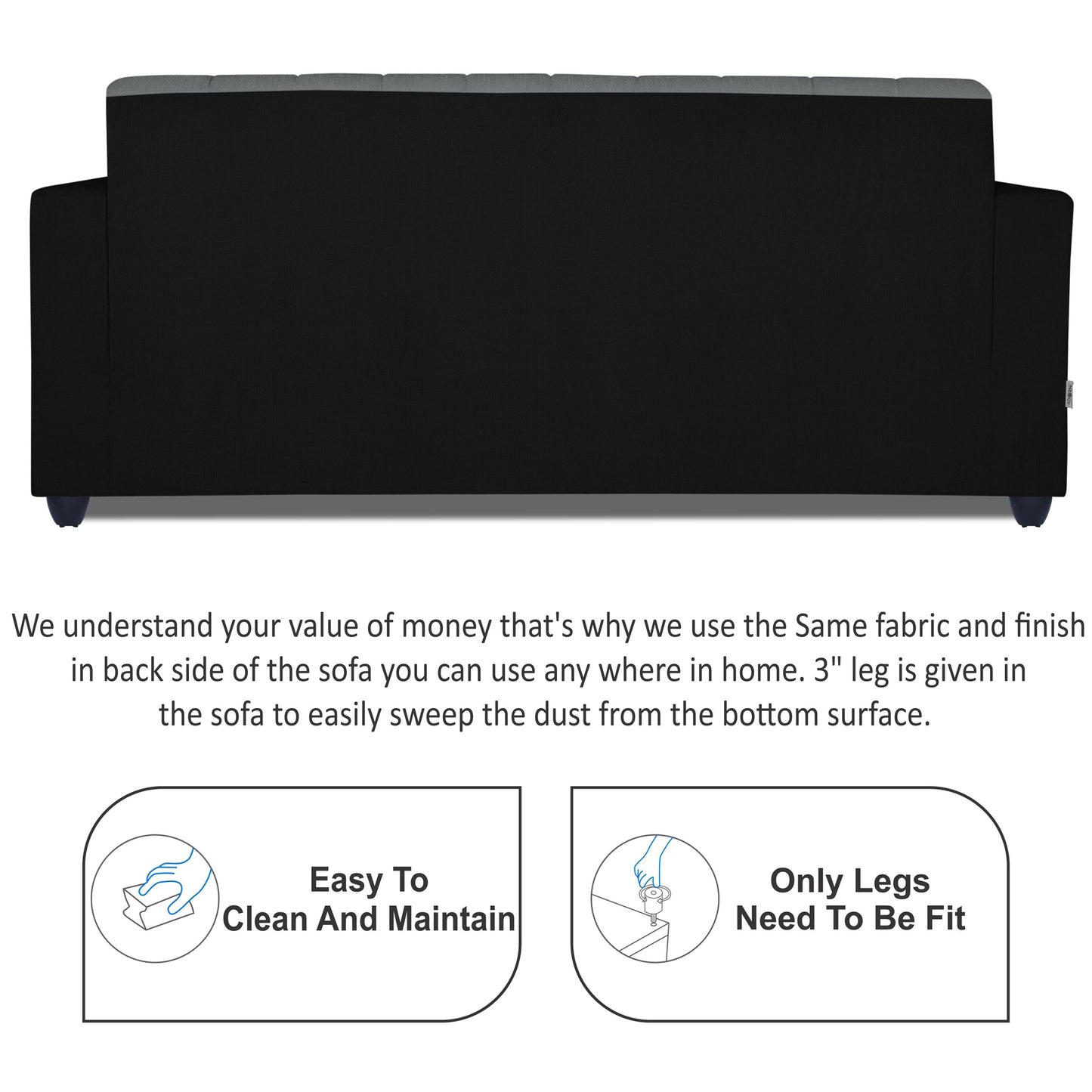 Adorn India Rio Highback 3 Seater Sofa(Black & Grey) (3 Year Warranty)