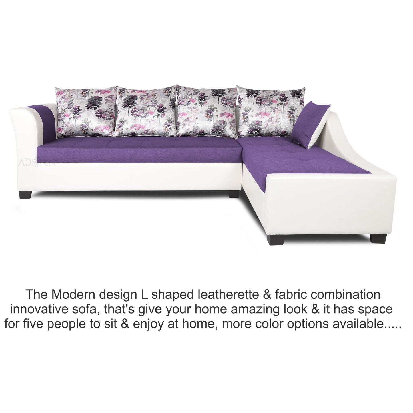 Adorn India Aliana L Shape Leatherette Fabric 6 Seater Sofa Set RHS (Dark Purple & White) (3 Year Warranty)