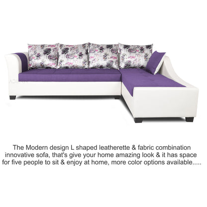 Adorn India Aliana L Shape Leatherette Fabric 6 Seater Sofa Set RHS (Dark Purple & White) (3 Year Warranty)