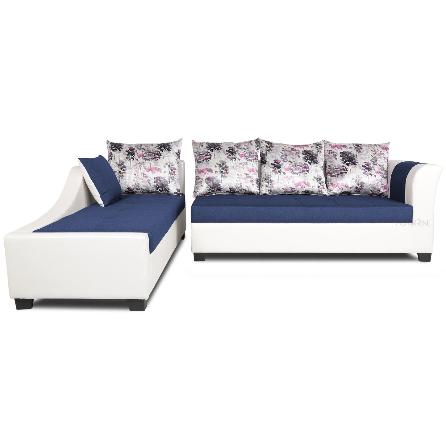 Adorn India Aliana L Shape Leatherette Fabric 6 Seater Sofa Set LHS (Blue & White) (3 Year Warranty)