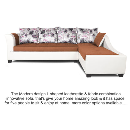 Adorn India Aliana L Shape Leatherette Fabric 6 Seater Sofa Set RHS (Rust & White) (3 Year Warranty)