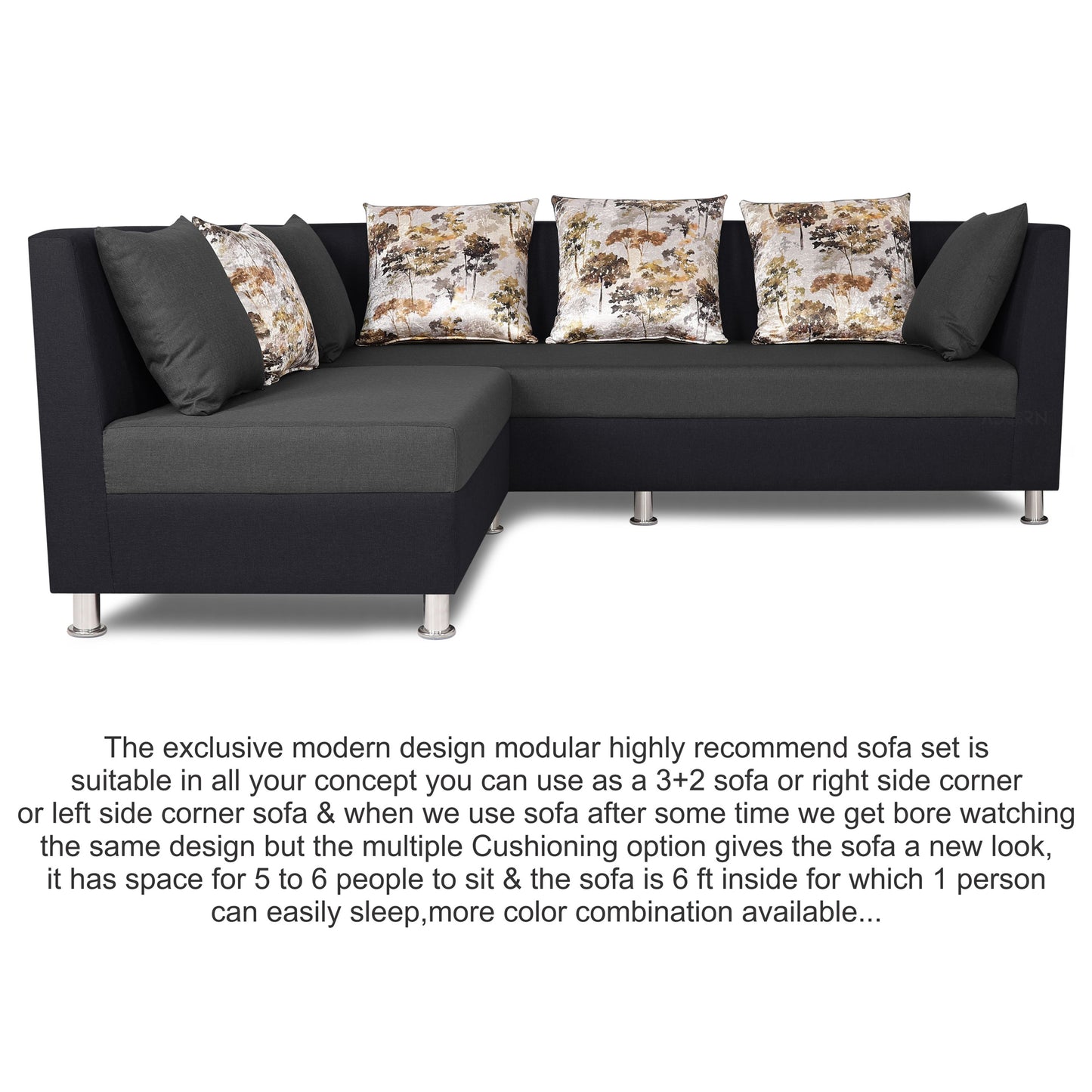 Adorn India Exclusive Two Tone Alica Modular Sofa Set (Wood & Fabric, Dark Grey & Black)