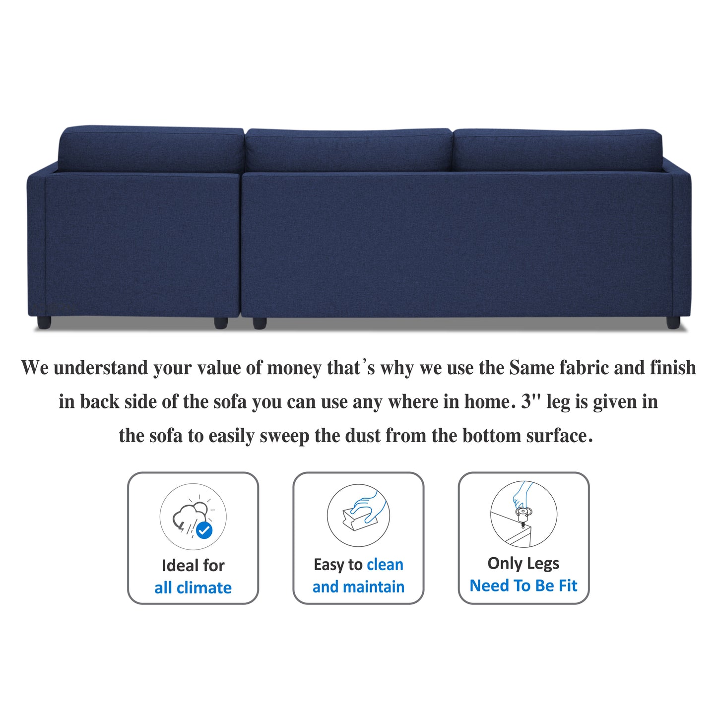 Adorn India Alexander L Shape 7 Seater Sofa Set with Ottoman Puffy RHS (Dark Blue) (3 Year Warranty)