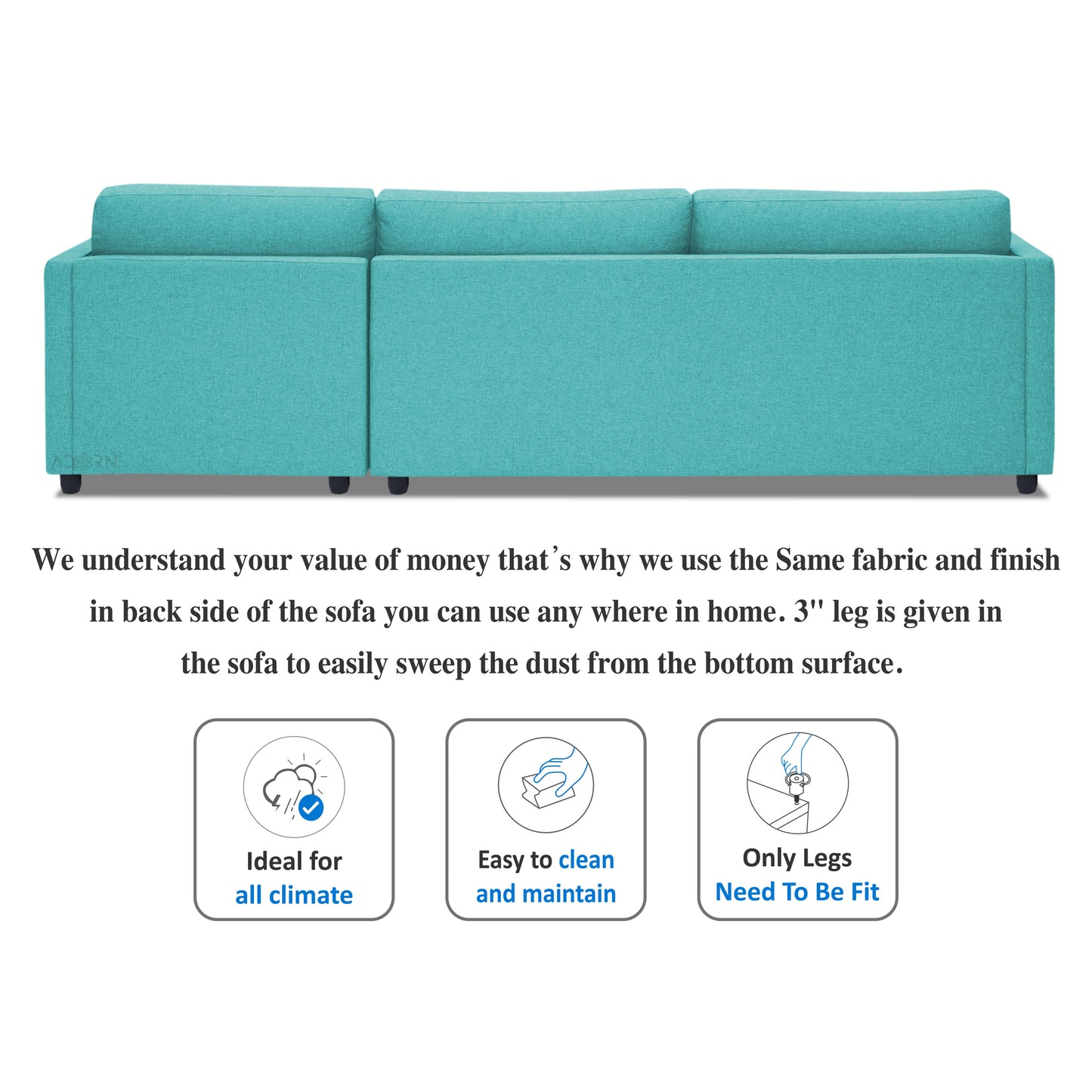 Adorn India Alexander L Shape 7 Seater Sofa Set with Ottoman Puffy RHS (Aqua Blue) (3 Year Warranty)