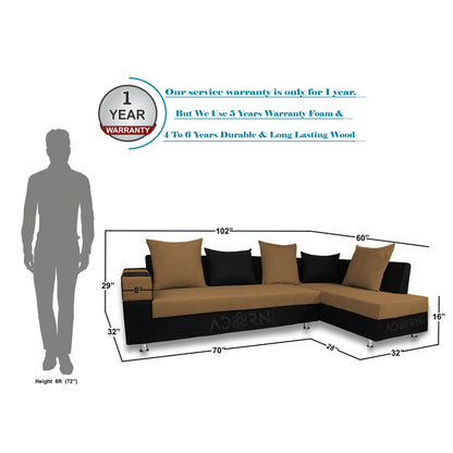 Adorn India Adillac 5 Seater Corner Sofa(Camel & Black), Wood, Foam