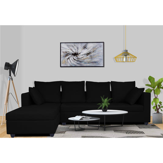 Adorn India Zink Straight line L Shape 5 Seater Sofa Plain Cushion (Left Side Handle)(Black), Wood, Foam
