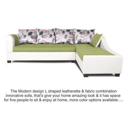 Adorn India Aliana L Shape Leatherette Fabric 6 Seater Sofa Set RHS (Green & White) (3 Year Warranty)