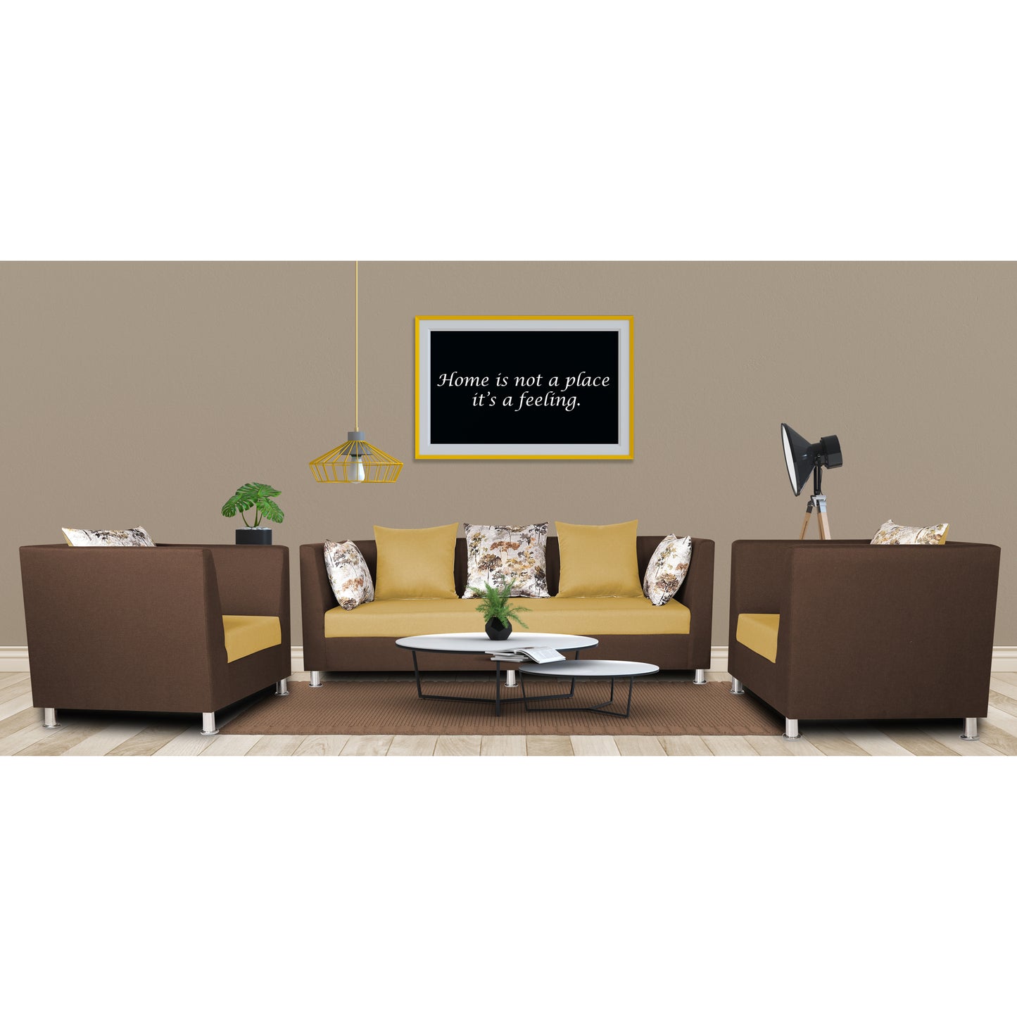 Adorn India Exclusive Two Tone Alica 3-1-1 Five Seater Sofa Set (Brown & Beige), Wood, Foam