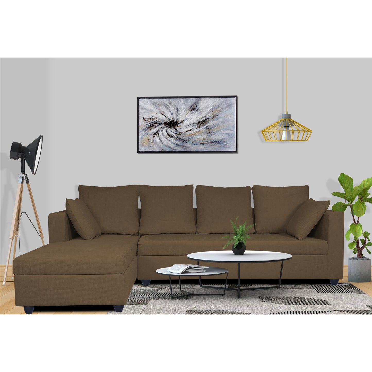 Adorn India Zink Straight line L Shape 6 Seater Sofa Plain Cushion (Left Side Handle)(Camel)