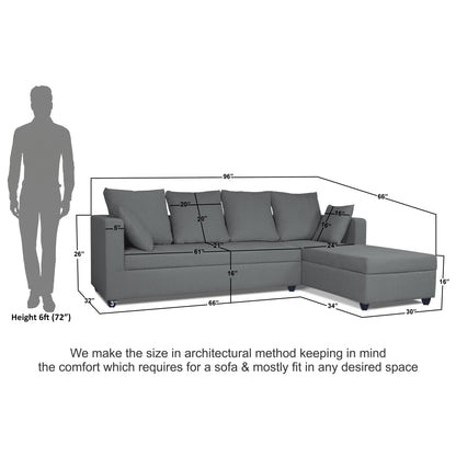 Adorn India Zink Straight line L Shape 6 Seater Sofa with Plain Cushion (Grey)