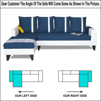 Adorn India Ashley Leatherette Fabric L Shape 6 Seater Sofa Set Stripes (Left Hand Side) (Blue & White) (3 Year Warranty)