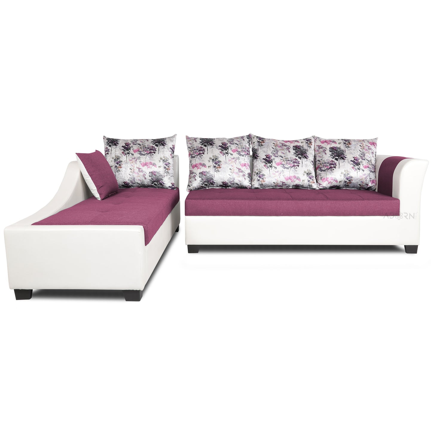 Adorn India Aliana L Shape Leatherette Fabric 6 Seater Sofa Set LHS (Dark Purple & White) (3 Year Warranty)