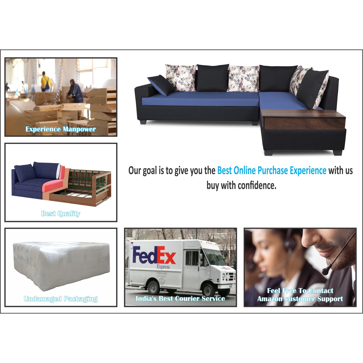 Adorn India Orlando Fabric L Shape Sofa (Black & Blue)