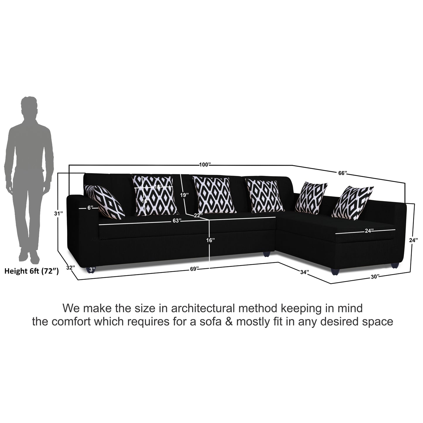 Adorn India Rio HighBack L Shape 6 Seater Sofa Set (Right Hand Side) (Black) (3 Year Warranty)
