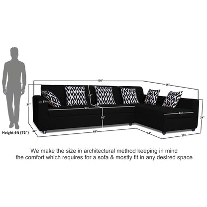 Adorn India Rio HighBack L Shape 6 Seater Sofa Set (Right Hand Side) (Black) (3 Year Warranty)