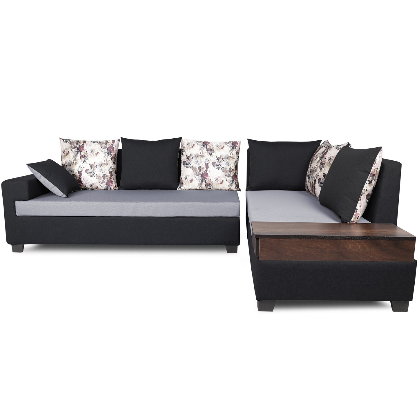 Adorn India Orlando Fabric L Shape Sofa (Black) ack and Light Grey