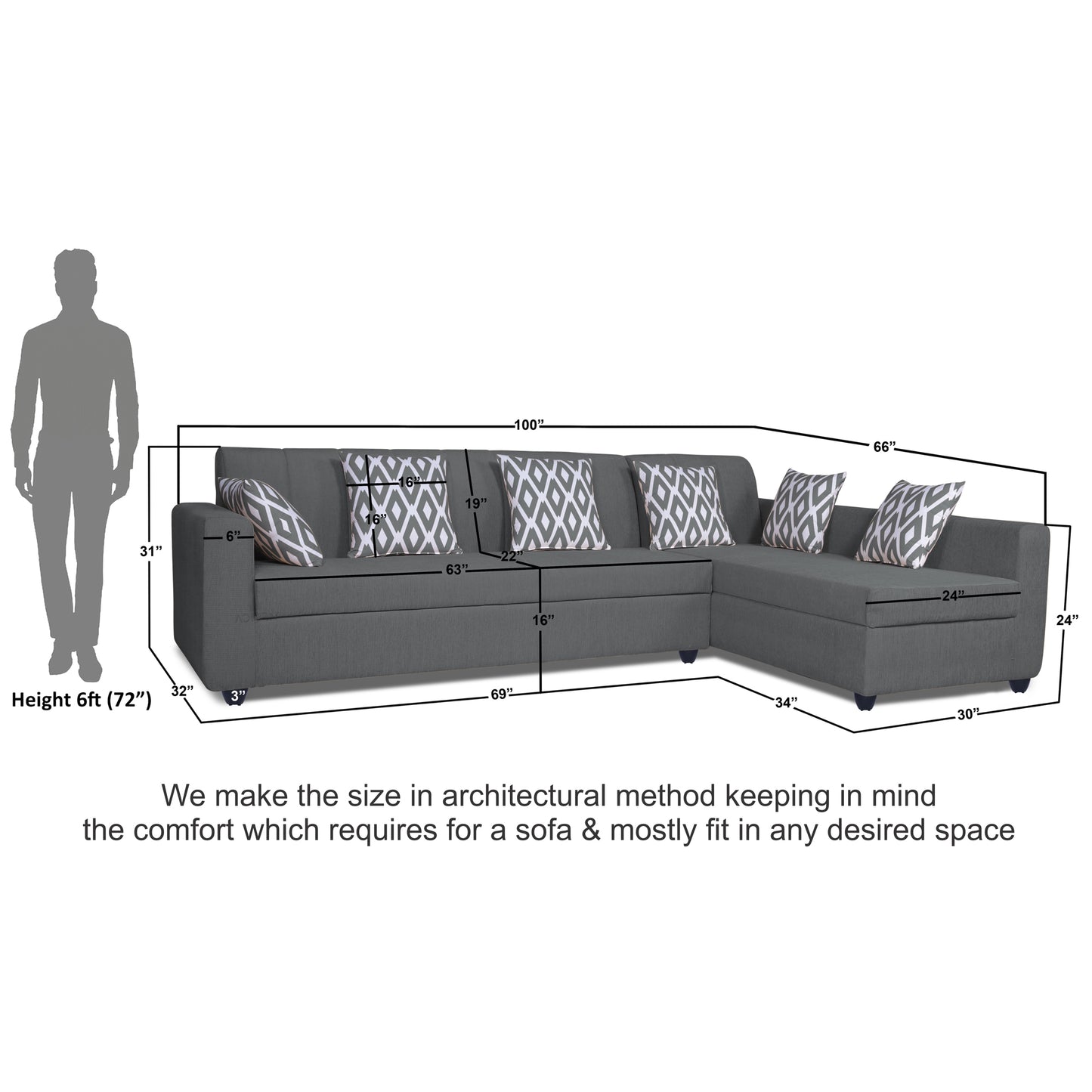 Adorn India Rio Highback L Shape 6 Seater coner Sofa Set (Grey)