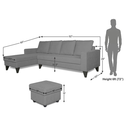 Adorn India Hallton L Shape Decent Sofa Set 7 Seater with Ottoman (Left Side) (Grey) (3 Year Warranty)