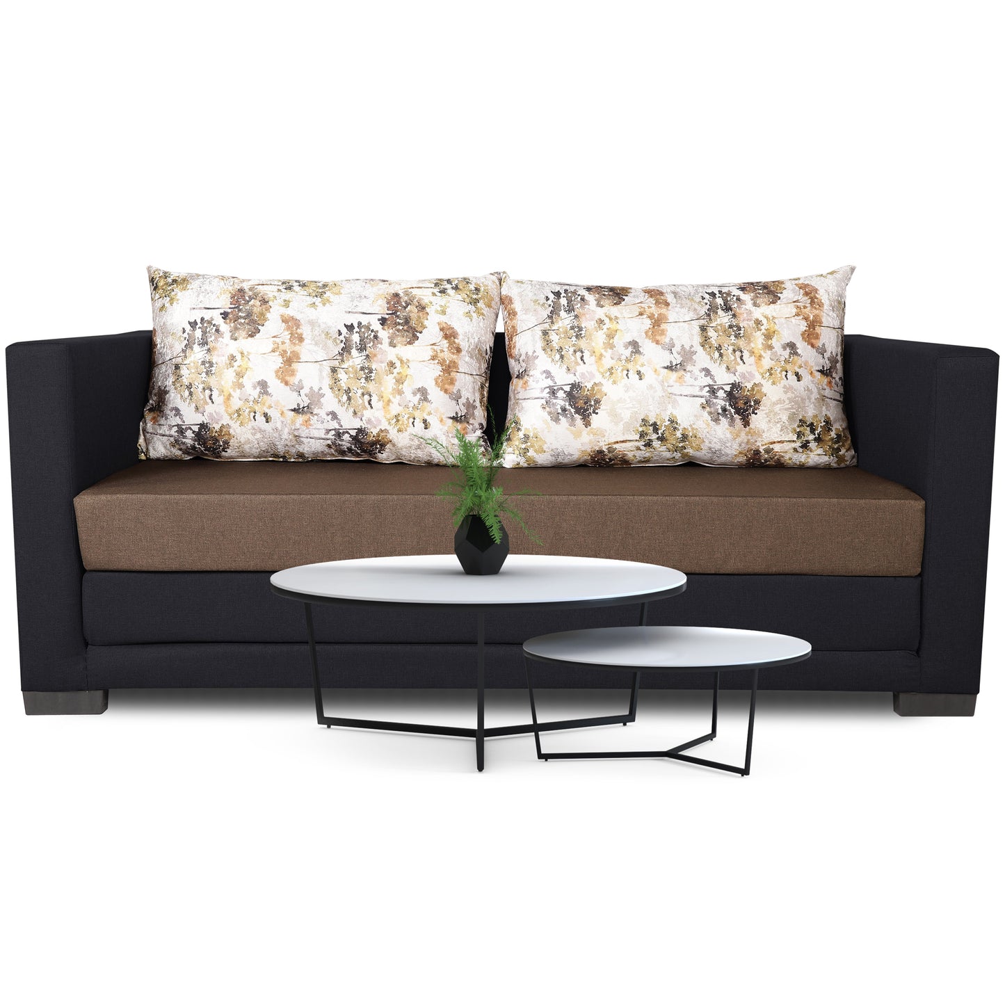 Adorn India Exclusive Two Tone Straight Line Three Seater Sofa Cum Bed (Camel & Black), Wood, Foam