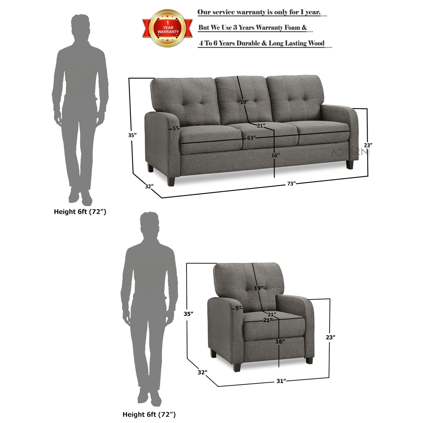 Adorn India foam Astor 3+1+1 5 Seater Sofa Set (Grey)