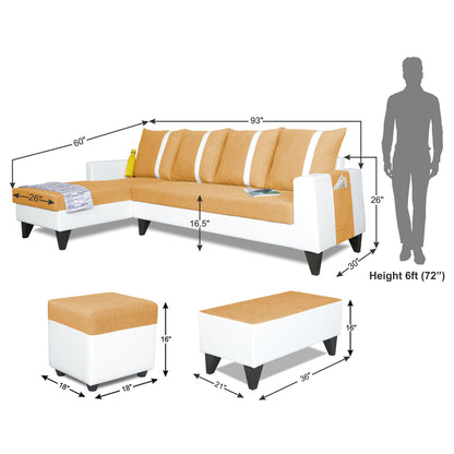 Adorn India Ashley Stripes Leatherette Fabric L Shape 8 Seater Sofa Set with 2 Ottoman Puffy & Center Table LHS (Beige & White) (3 Year Warranty)