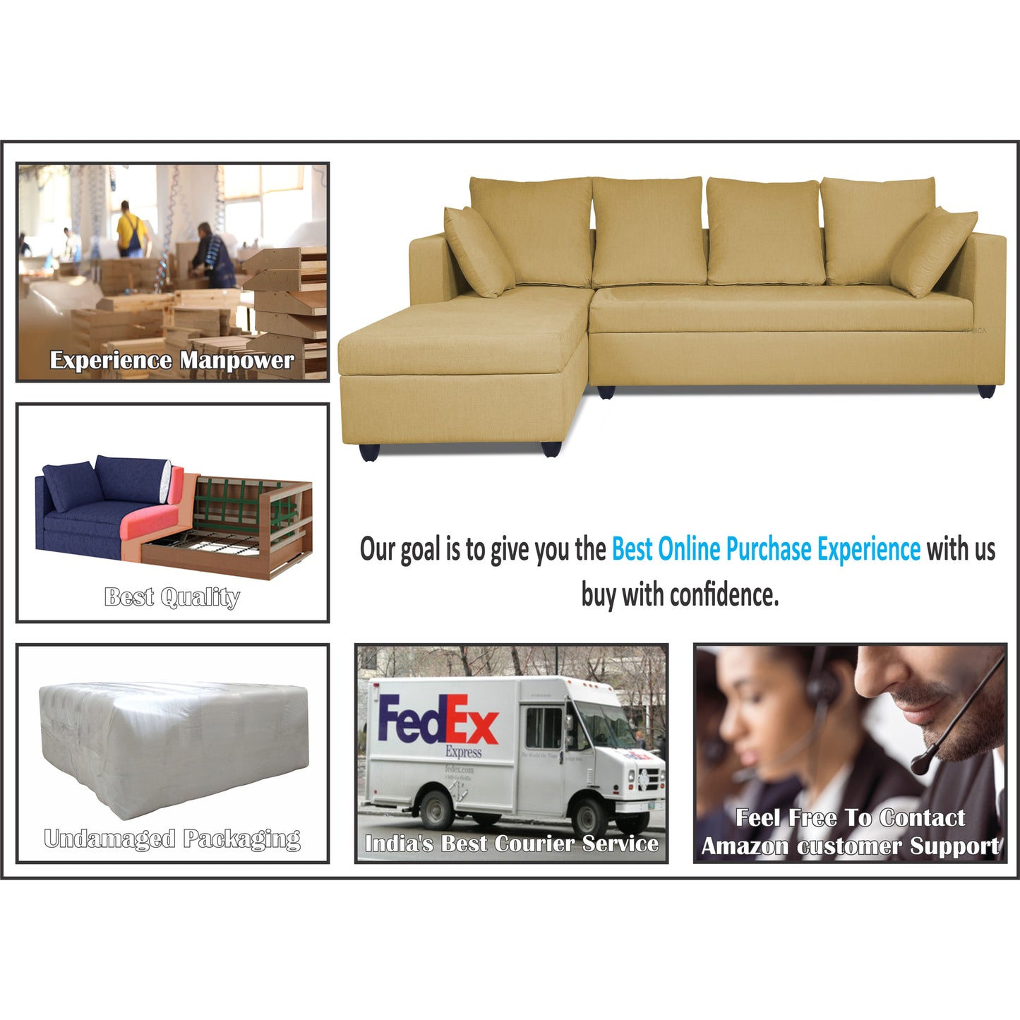 Adorn India Zink Straight line L Shape 5 Seater Sofa Plain Cushion (Left Side Handle) (Beige)