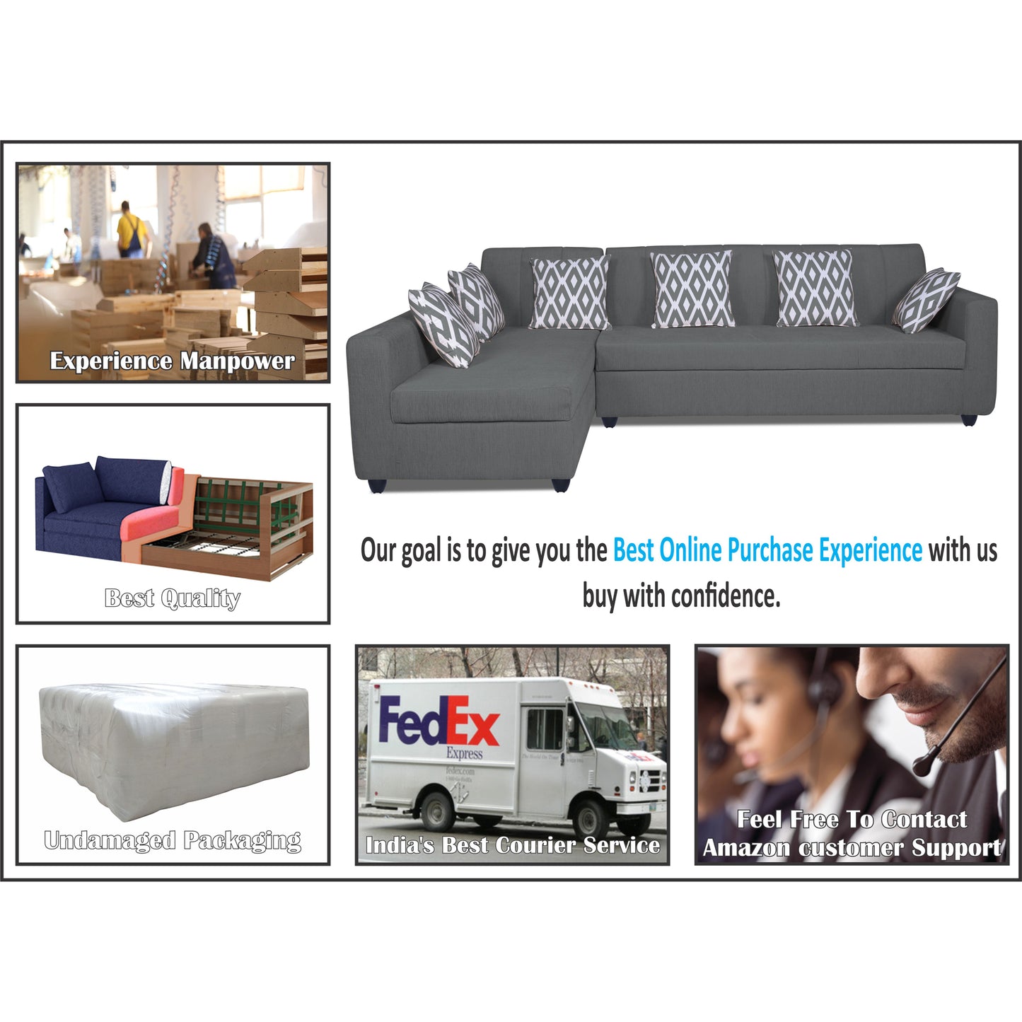 Adorn India Rio Highback L Shape 6 Seater Sofa Set (Left Hand Side) (Grey) (3 Year Warranty)