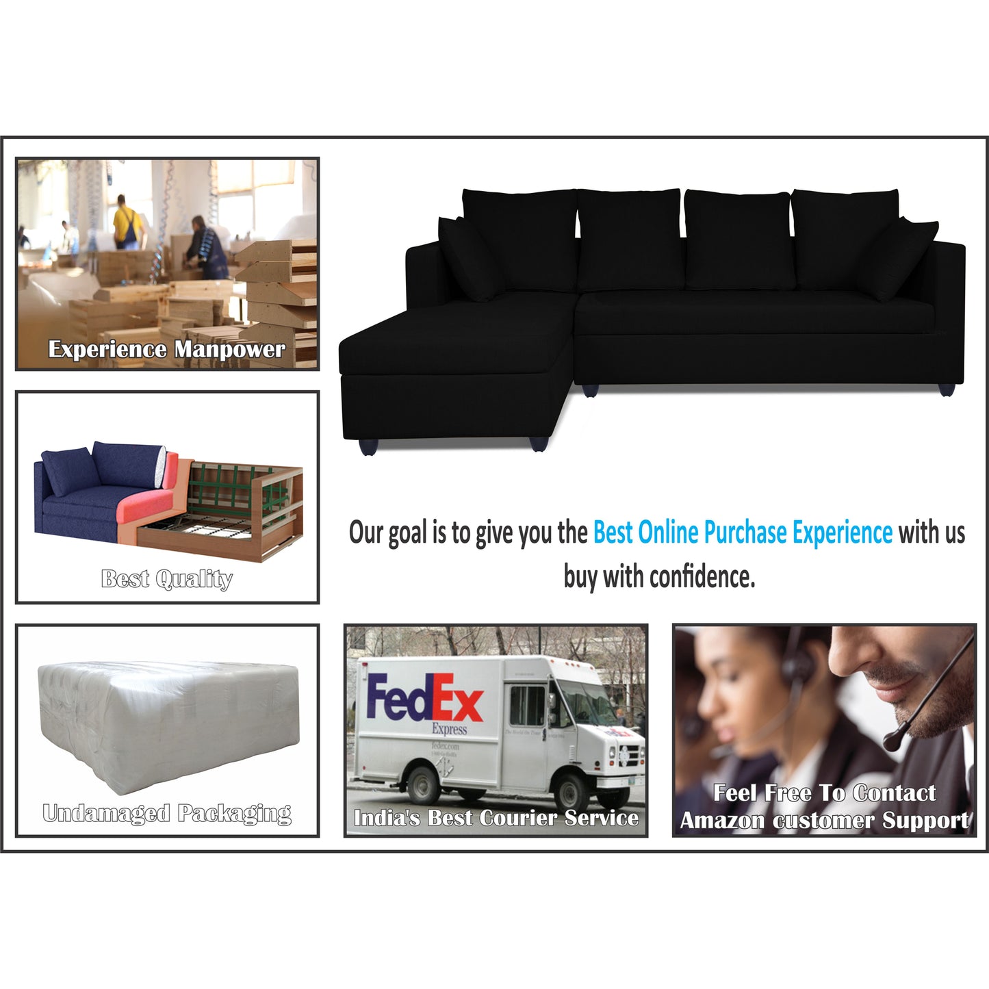 Adorn India Zink Straight line L Shape 5 Seater Sofa Plain Cushion (Left Side Handle)(Black), Wood, Foam