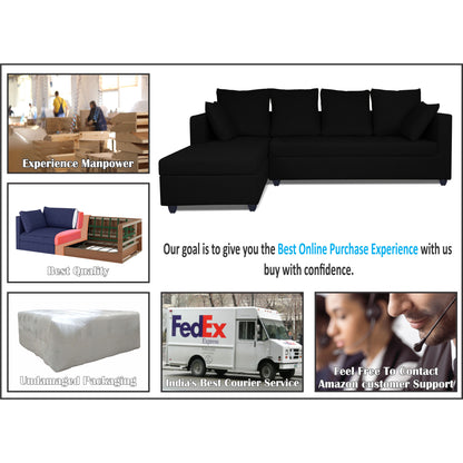Adorn India Zink Straight line L Shape 5 Seater Sofa Plain Cushion (Left Side Handle)(Black), Wood, Foam