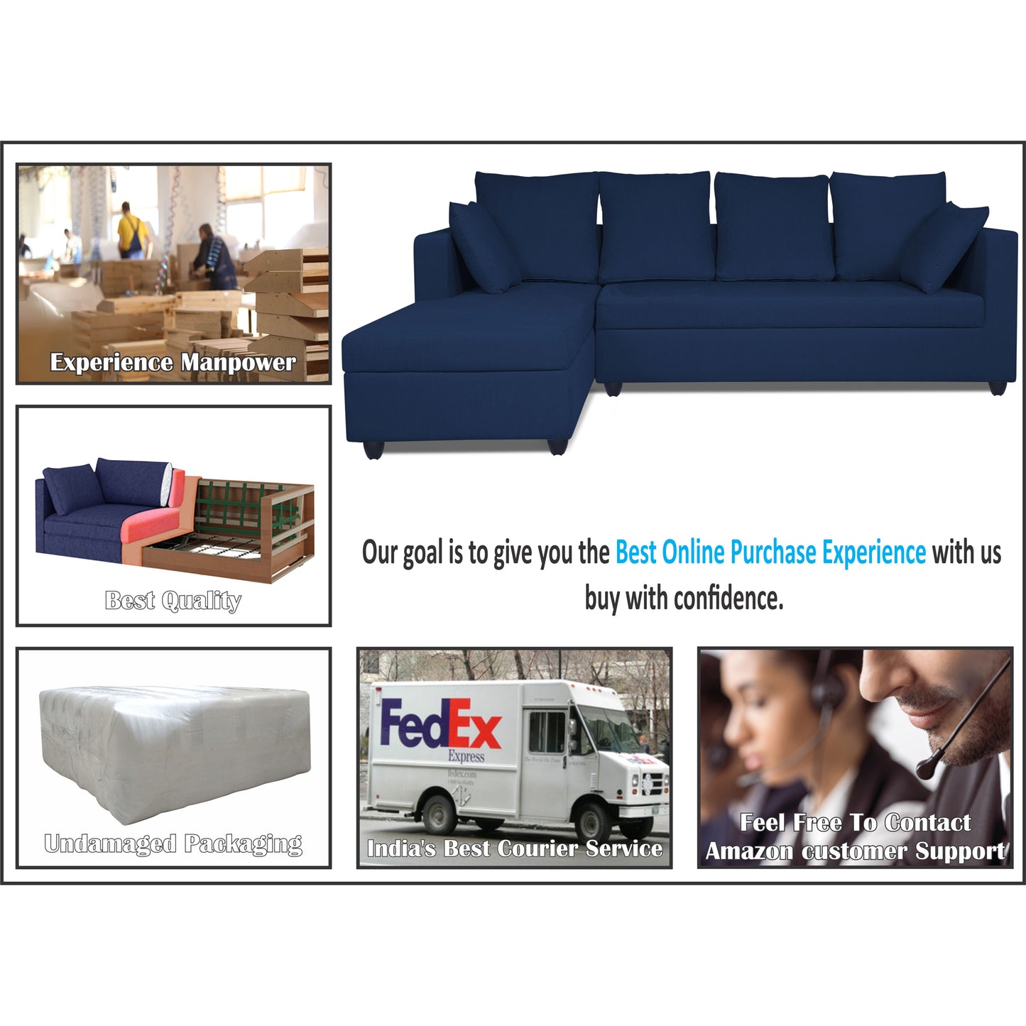 Adorn India Zink Straight line L Shape 5 Seater Sofa Plain Cushion (Left Side Handle)(Blue)