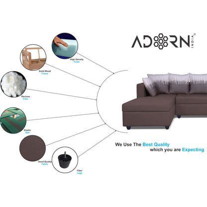Adorn India Zink Straight line L Shape 6 Seater Sofa Wave Cushion (Left Side Handle)(Brown)