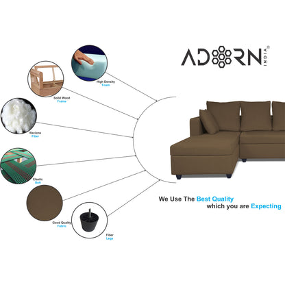 Adorn India Zink Straight line L Shape 6 Seater Sofa Plain Cushion (Left Side Handle)(Camel)
