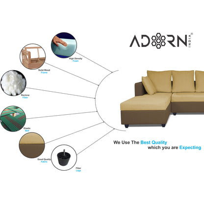 Adorn India Zink Straight line L Shape 6 Seater Sofa Plain Cushion (Left Side Handle)(Brown & Beige)
