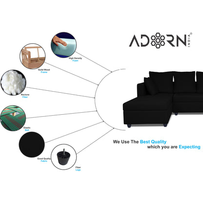 Adorn India Zink Straight line L Shape 5 Seater Sofa Plain Cushion (Left Side Handle)(Black), Wood, Foam