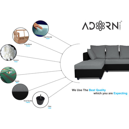 Adorn India Zink Straight line L Shape 5 Seater Sofa Plain Cushion (Left Side Handle)(Grey & Black)