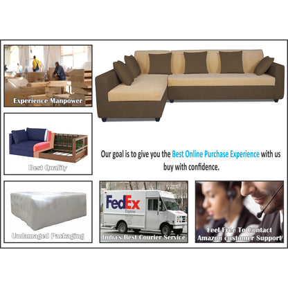 Adorn India Rio Decent L Shape 6 Seater Corner Sofa Set Left Side Handle (Brown and Beige) (3 Year Warranty)