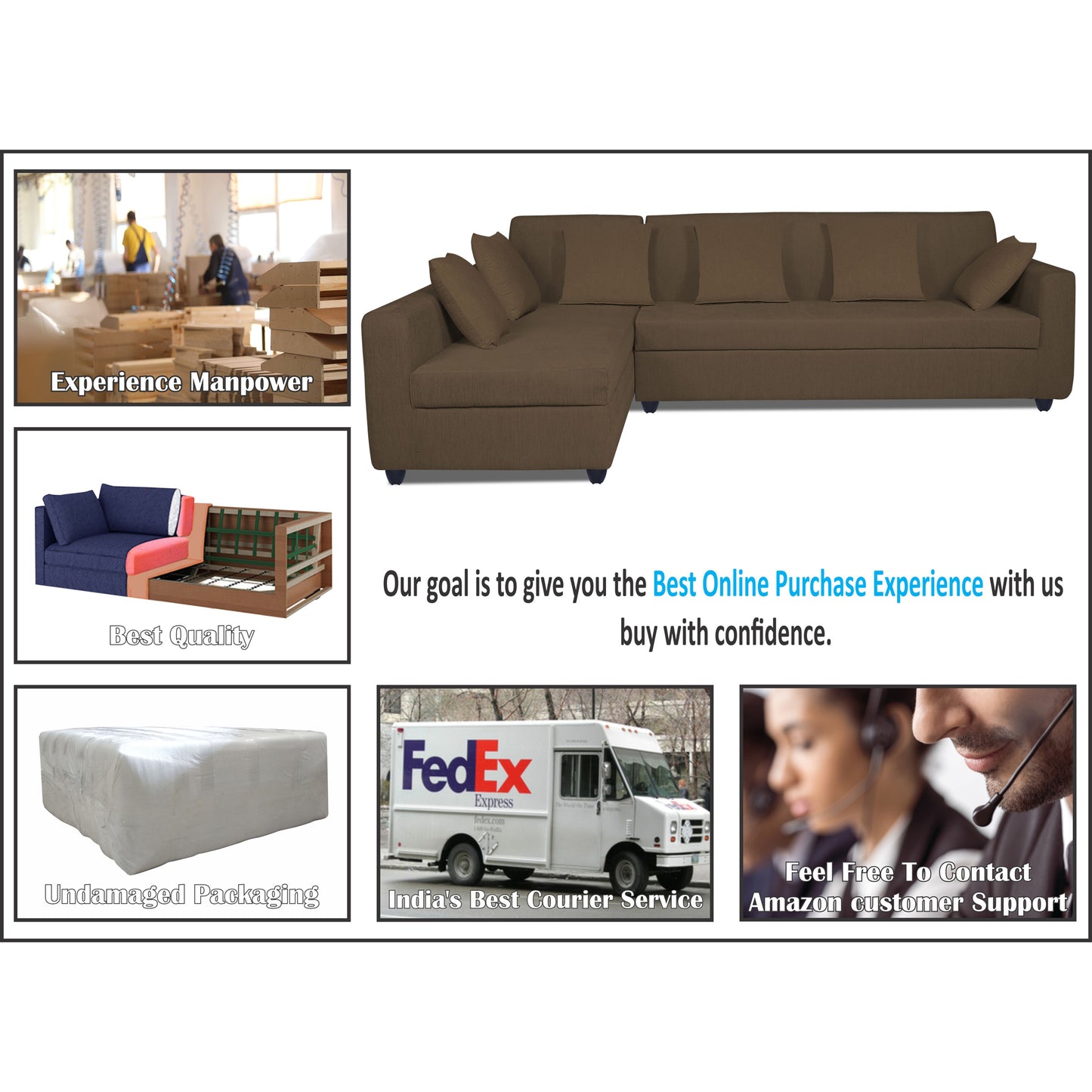 Adorn India Rio Decent L Shape 6 Seater Corner Sofa Set Left Side Handle (Brown) (3 Year Warranty)