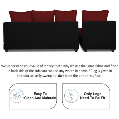 Adorn India Zink Straight line L Shape 5 Seater Sofa Plain Cushion (Left Side Handle)(Maroon & Black)