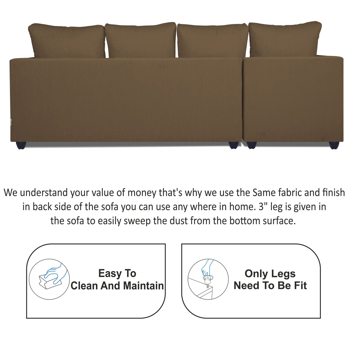 Adorn India Zink Straight line L Shape 6 Seater Sofa Plain Cushion (Left Side Handle)(Camel)