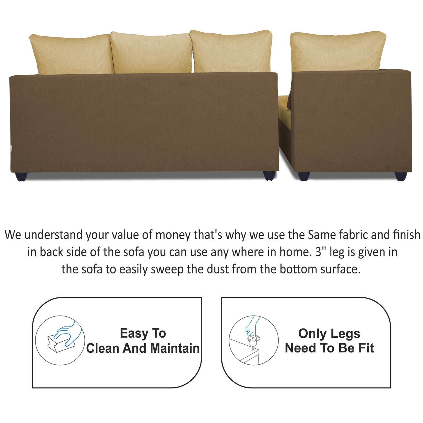 Adorn India Zink Straight line L Shape 6 Seater Sofa Plain Cushion (Left Side Handle)(Brown & Beige)