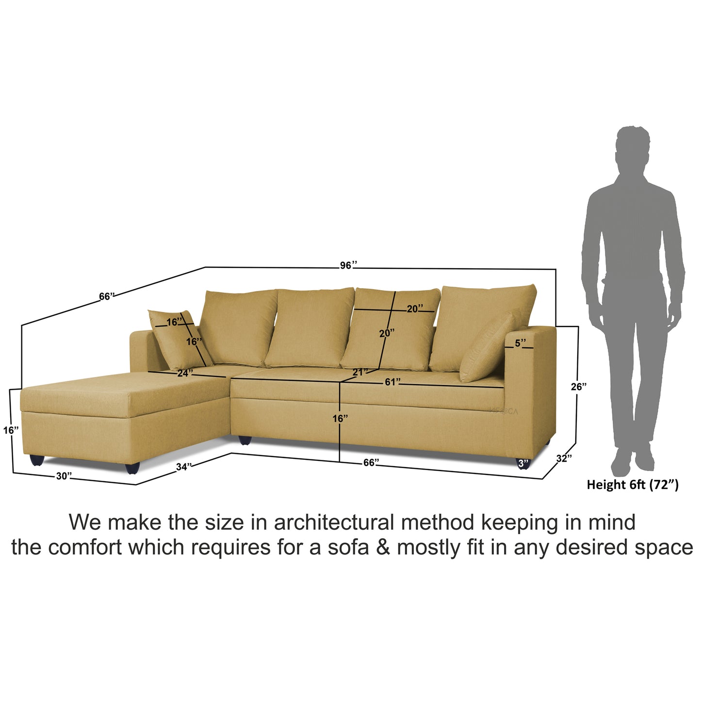 Adorn India Zink Straight line L Shape 5 Seater Sofa Plain Cushion (Left Side Handle) (Beige)