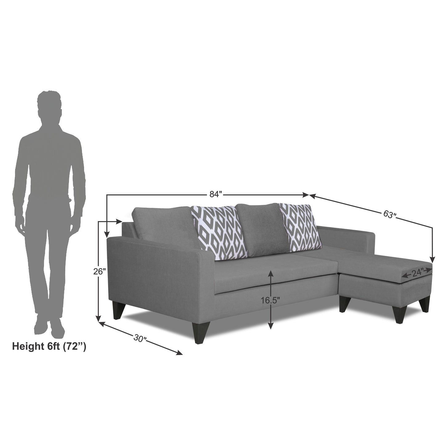 Adorn India Beetle Rhombus L Shape 5 Seater Sofa Set RHS (Grey) (3 Year Warranty)