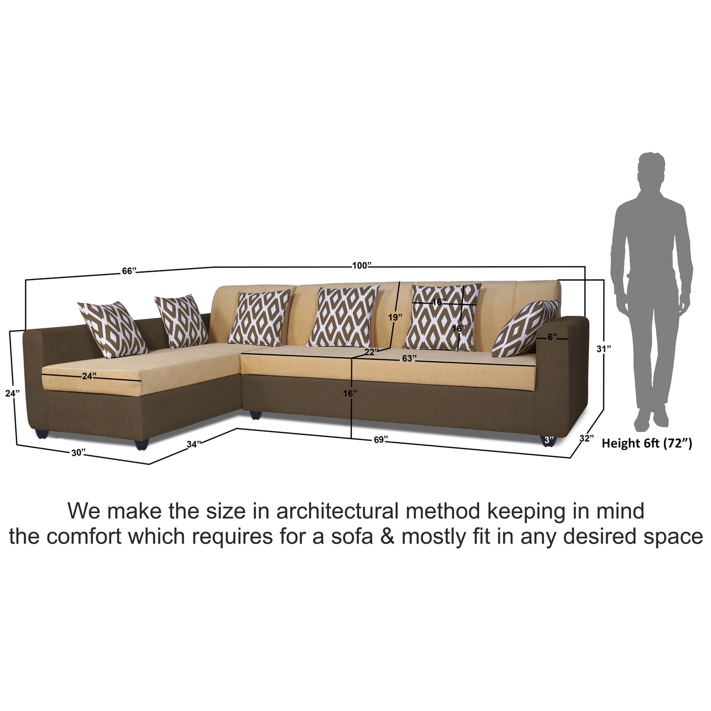 Adorn India Rio Highback L Shape 6 Seater Sofa Set (Left Hand Side) (Brown & Beige) (3 Year Warranty)