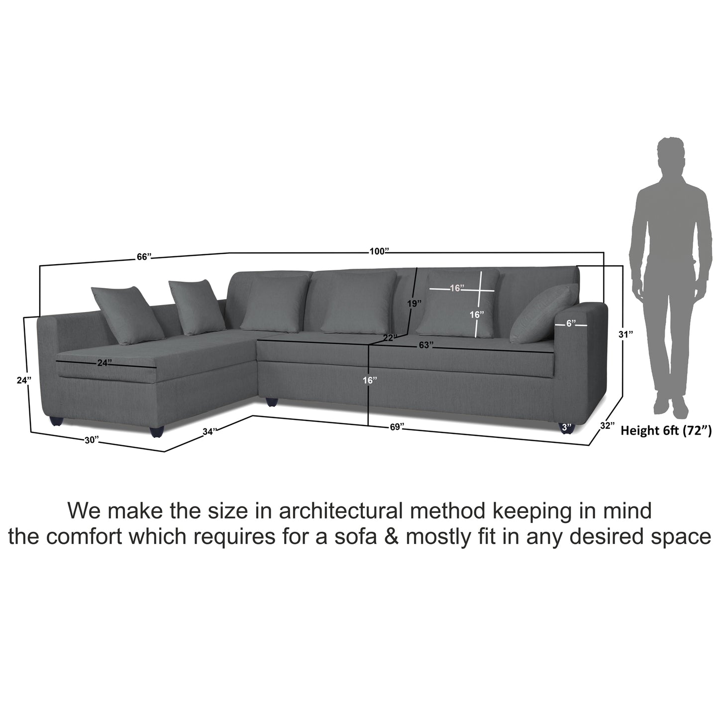 Adorn India Rio Decent L Shape 6 Seater Corner Sofa Set Left Side Handle (Grey) (3 Year Warranty)