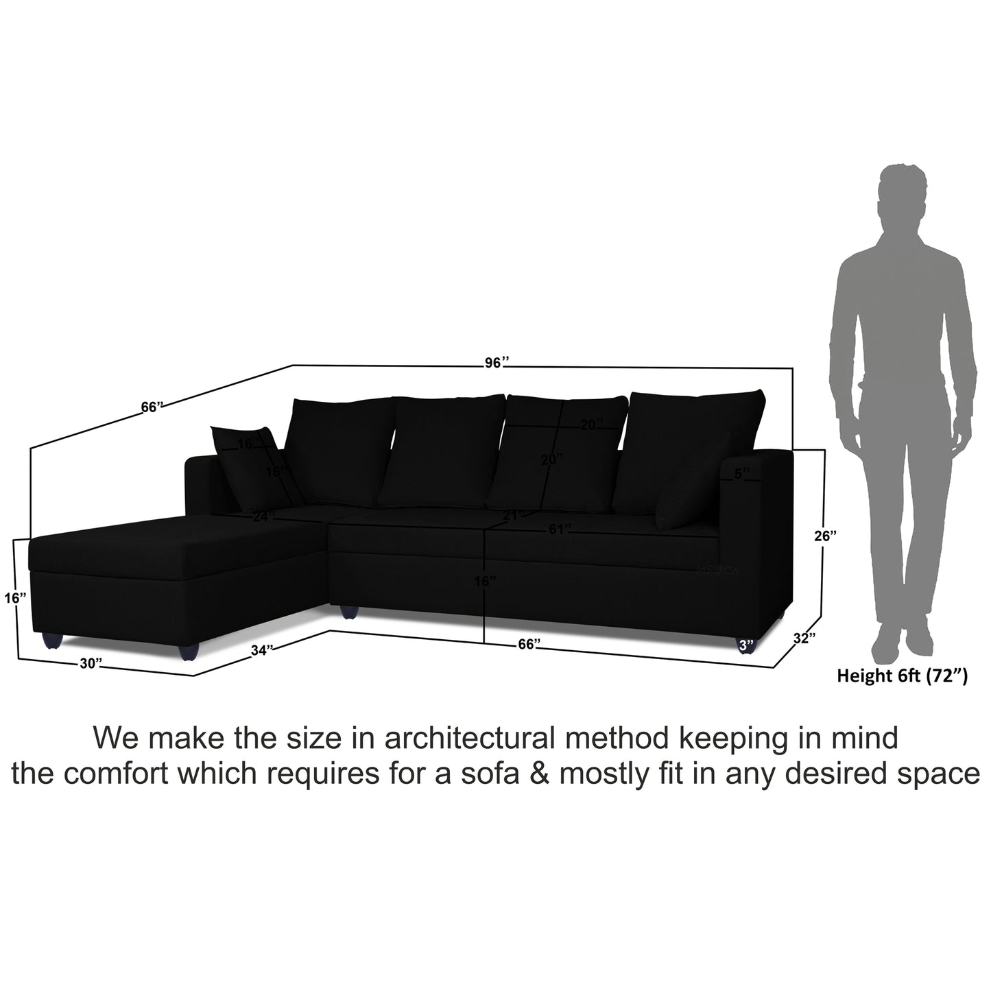 Adorn India Zink Straight line L Shape 5 Seater Sofa Plain Cushion (Left Side Handle)(Black), Wood, Foam