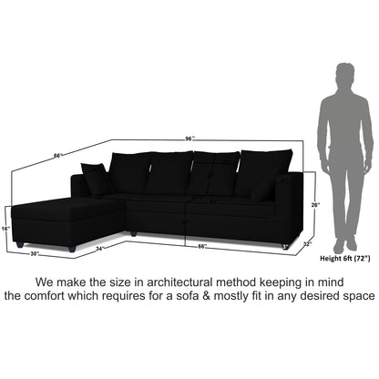 Adorn India Zink Straight line L Shape 5 Seater Sofa Plain Cushion (Left Side Handle)(Black), Wood, Foam