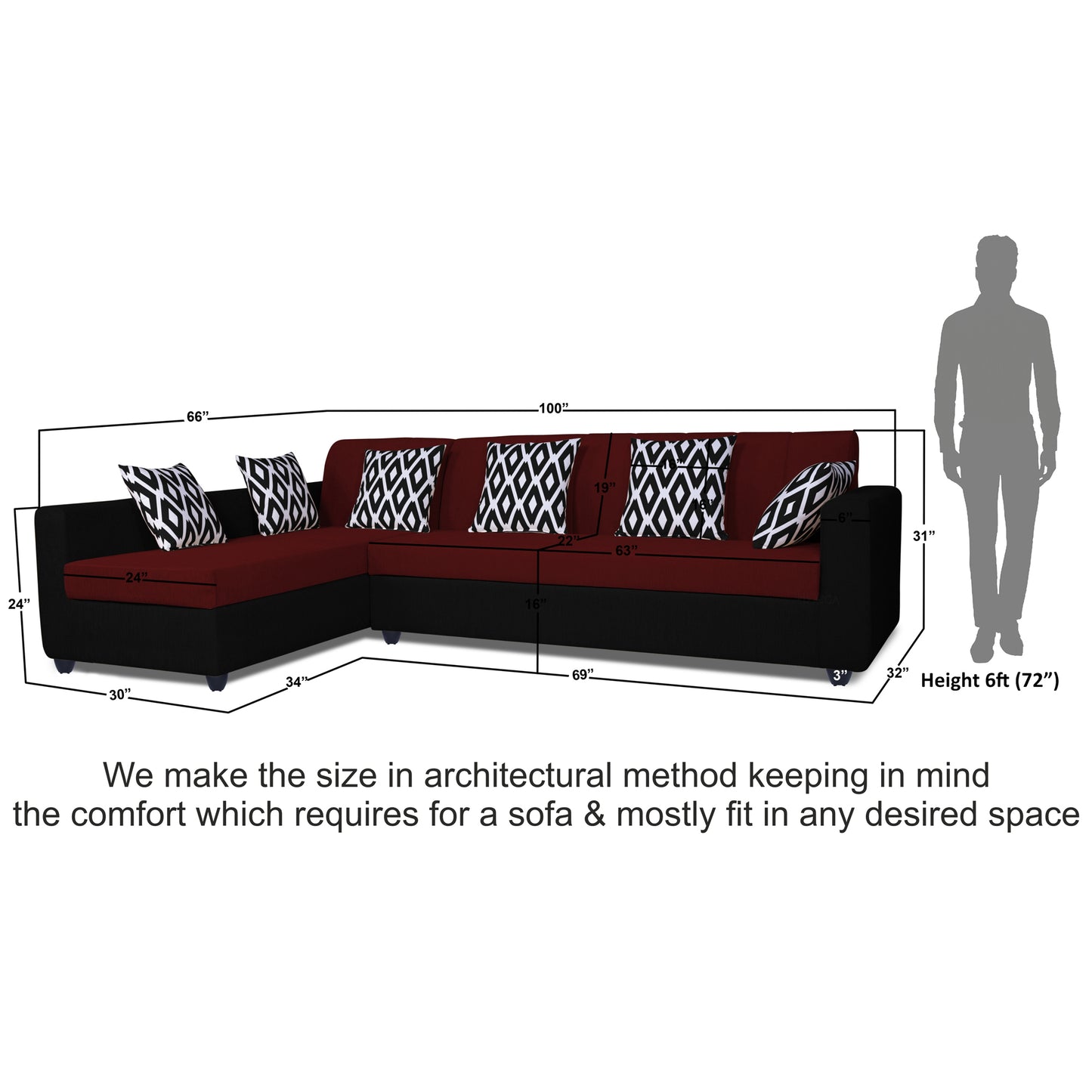 Adorn India Rio High Back L Shape 6 Seater Sofa Set (Left Side Handle)(Maroon & Black)