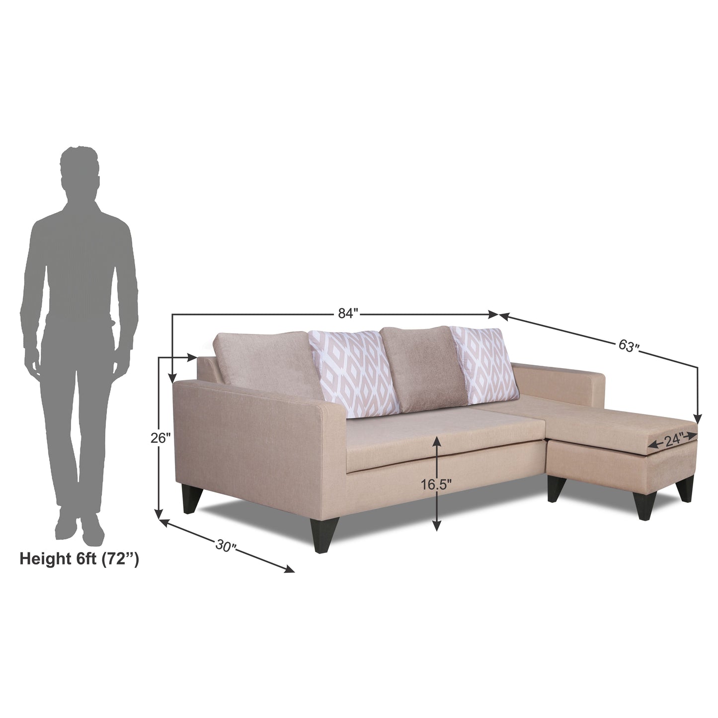 Adorn India Beetle L Shape 5 Seater Sofa Set Rhombus (Right Hand Side) (Beige)